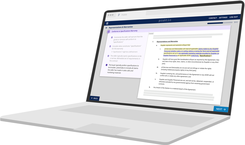 Laptop showing a screenshot of training content from the Indemnification module of Praktio's Commercial Contracts Essentials course