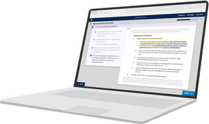 Laptop showing a screenshot of training content from the Indemnification module of Praktio's Commercial Contracts Essentials course